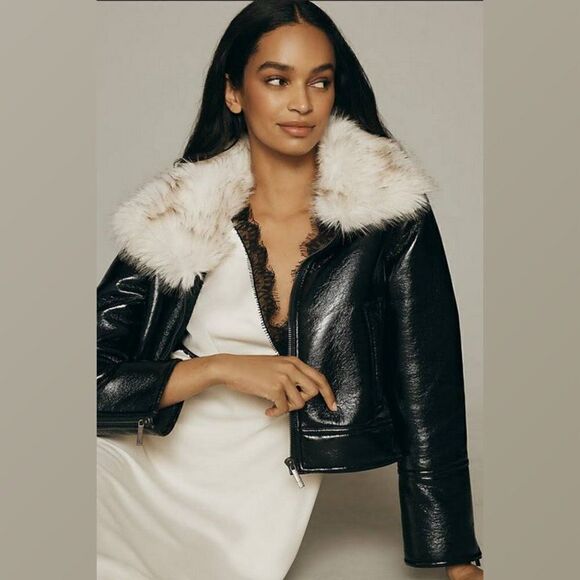 UNREAL FUR Vegan Leather Aviator Bomber Jacket Faux Fur Collar Full Zip Coat XL - Picture 13 of 15